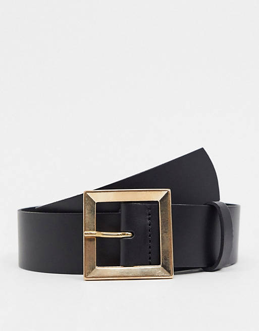 ASOS DESIGN leather bevelled square buckle hip and waist belt in black