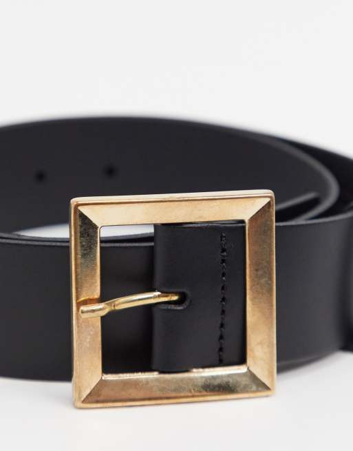 Gianni Feraud Smooth Leather Belt with Chunky Gold Buckle in Black-Brown - ASOS Outlet