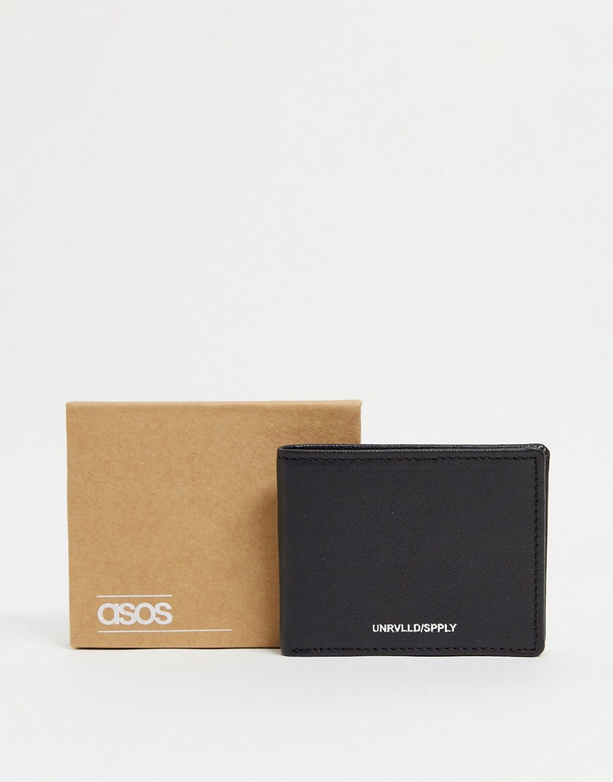 ASOS DESIGN leather bi fold wallet in black with contrast tan internals