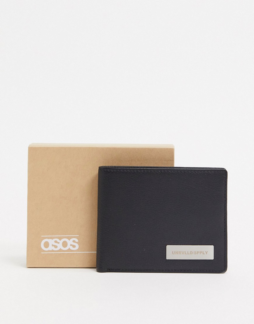 ASOS DESIGN leather bifold wallet in black with branded metal plate