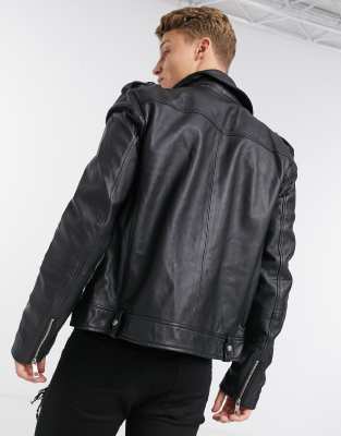 asos design leather biker jacket in black