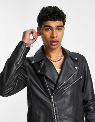 asos design leather biker jacket in black