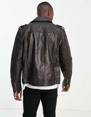 asos design leather biker jacket in black