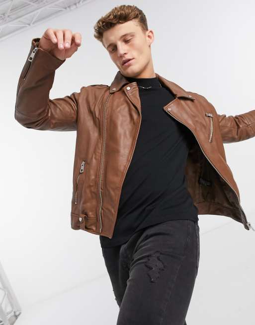 ASOS DESIGN leather biker jacket in tan ASOS