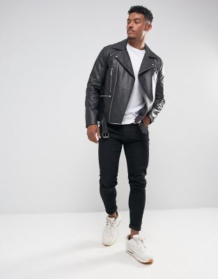 asos design leather biker jacket in black