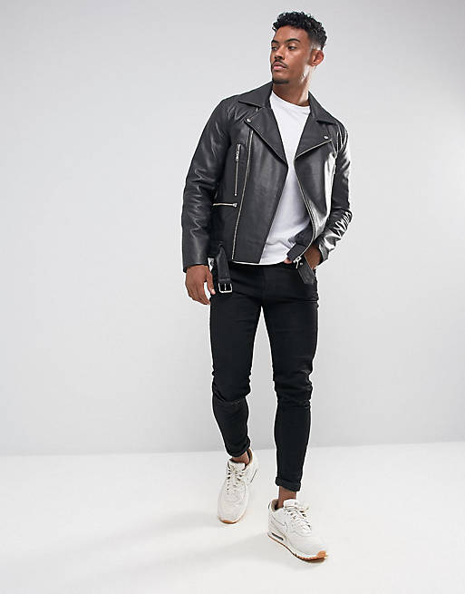 ASOS DESIGN leather biker jacket with belt in black | ASOS