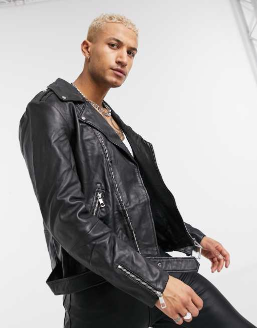 Asos design leather racing hot sale biker jacket in black