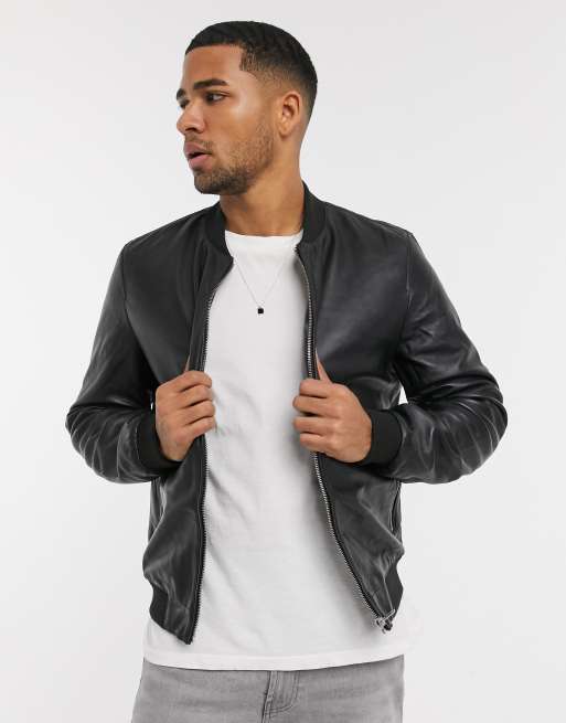 Asos Design Leather Bomber Jacket In Black Deals | cpshouston.net