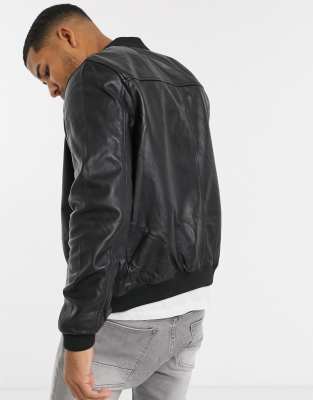 asos design leather bomber jacket in black