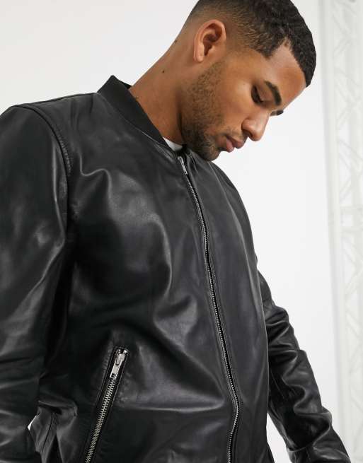 ASOS DESIGN leather bomber jacket in black