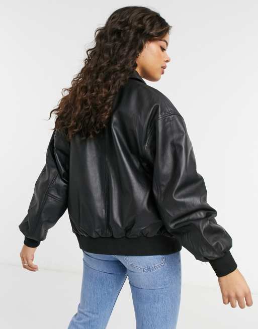 ASOS DESIGN leather bomber jacket in black