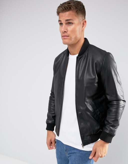 Asos Design Leather Bomber Jacket In Black Asos 