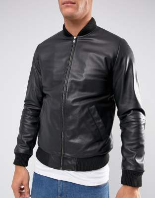 asos design leather bomber jacket in black