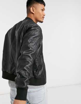 asos design leather bomber jacket in black