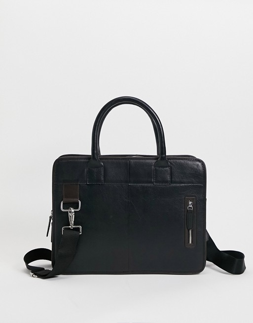 ASOS DESIGN leather briefcase satchel in black and brown