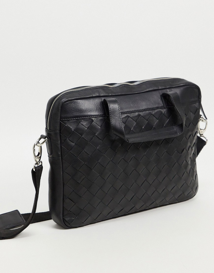 Asos Design Leather Briefcase Satchel In Black Weave