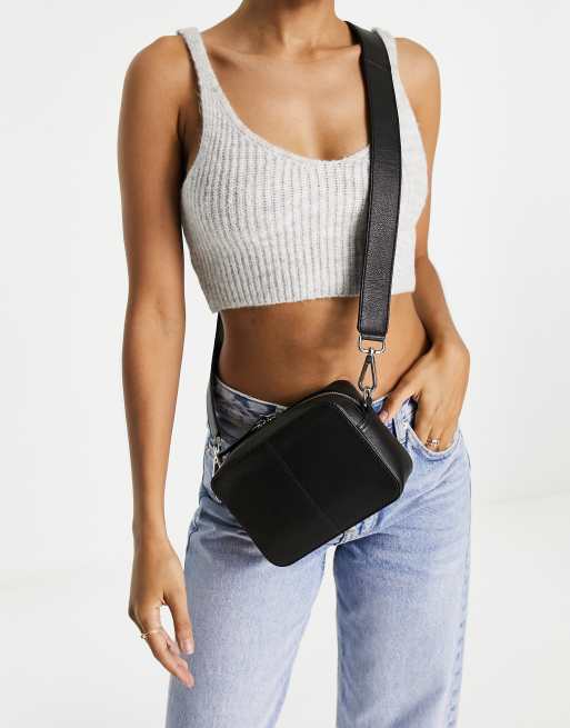 ASOS DESIGN leather camera bag with detachable strap in black