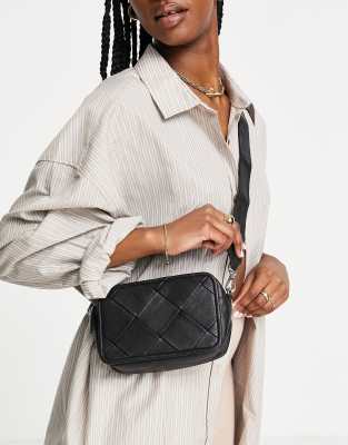 ASOS DESIGN leather camera crossbody bag with weave in black 