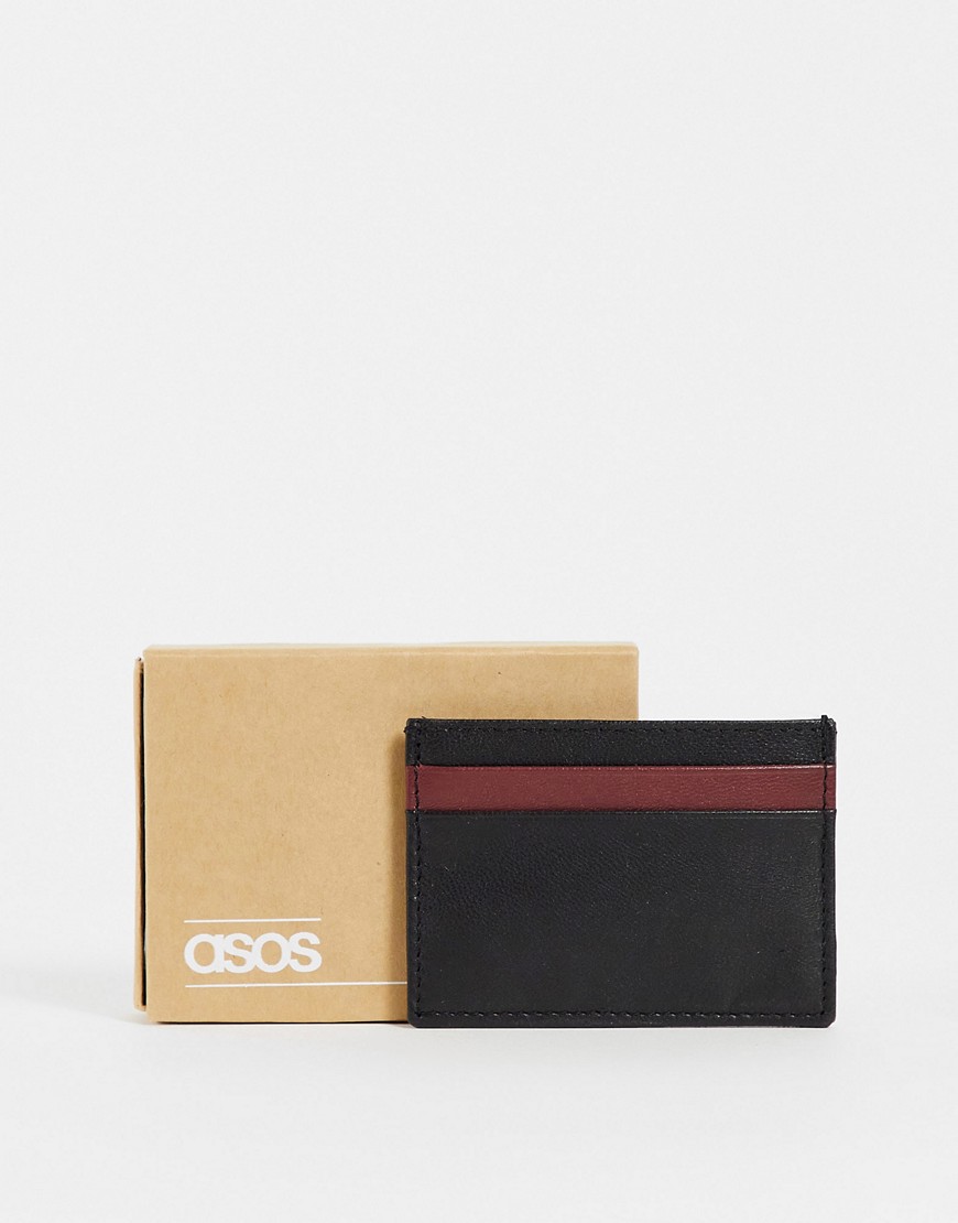 ASOS DESIGN leather card holder in black with constrast burgundy panel