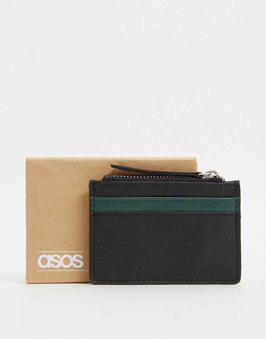 ASOS DESIGN leather card holder with contrast dark green panel with zip-Black