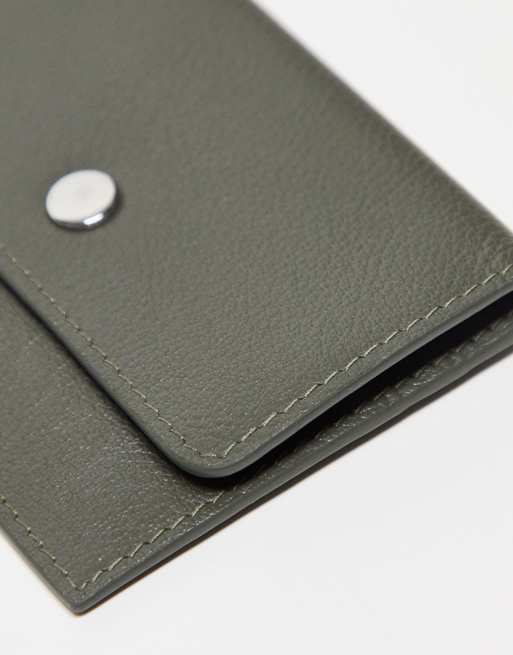 ASOS DESIGN leather card holder with popper compartment in khaki, 2 of 4