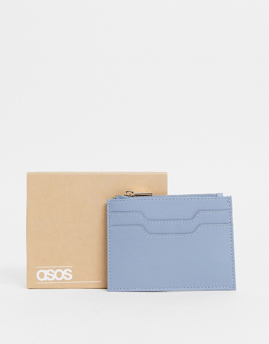 ASOS DESIGN leather card holder with zip in light blue-Blues