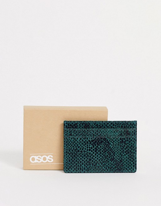 ASOS DESIGN leather cardholder in green snakeskin