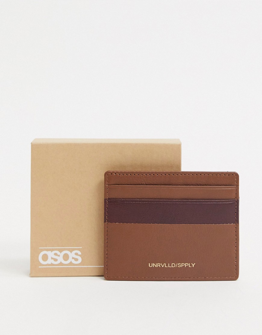 ASOS DESIGN leather cardholder in tan with burgundy contrast detail