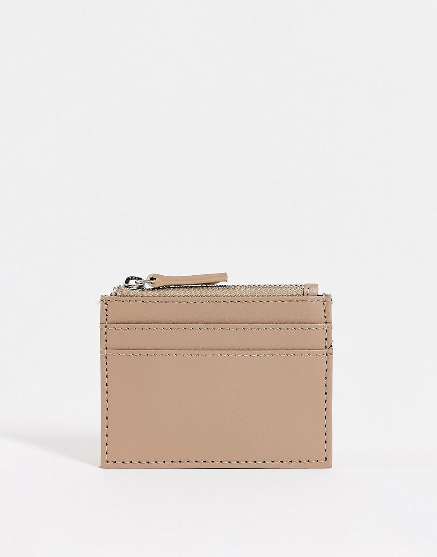 ASOS DESIGN leather cardholder with coin purse in beige-Neutral