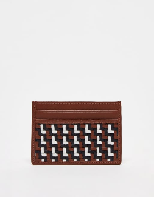 ASOS DESIGN leather cardholder with weave detail in brown