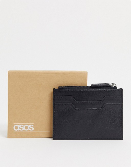 ASOS DESIGN real leather cardholder with zip in black