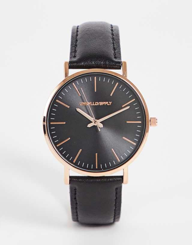 ASOS DESIGN leather classic watch with rose gold details in black