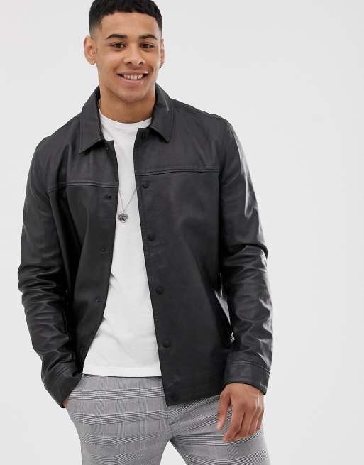 ASOS DESIGN leather varsity coach jacket with embroidery in black