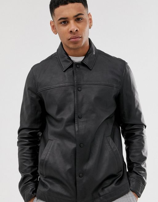 ASOS DESIGN leather varsity coach jacket with embroidery in black