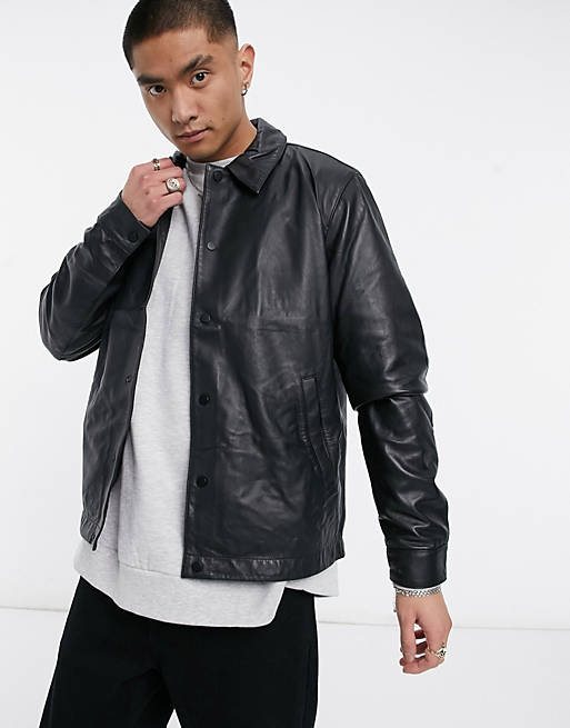 ASOS DESIGN leather coach jacket in black