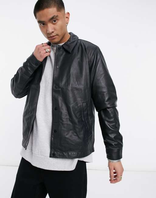 ASOS DESIGN leather coach jacket in black | ASOS