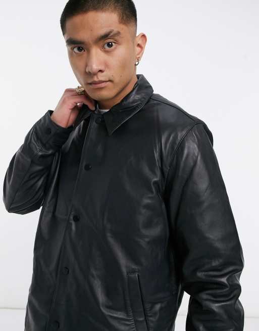 ASOS DESIGN leather coach jacket in black | ASOS