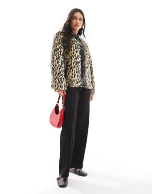 leather collar faux fur jacket in leopard-Multi