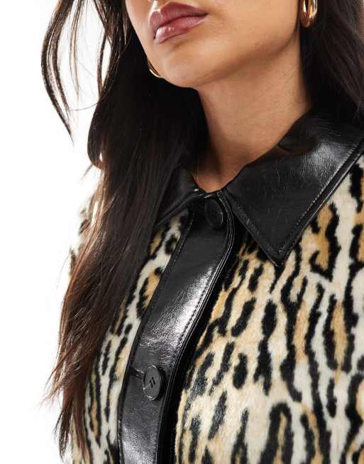 ASOS DESIGN leather collar faux fur jacket in leopard ASOS