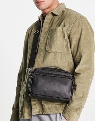ASOS DESIGN leather cross body bag with zip pocket in black