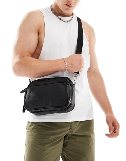 ASOS DESIGN leather cross body bag with zip pockets in black | ASOS