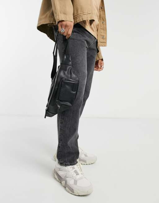 ASOS DESIGN leather cross body bum bag in black with front pouch