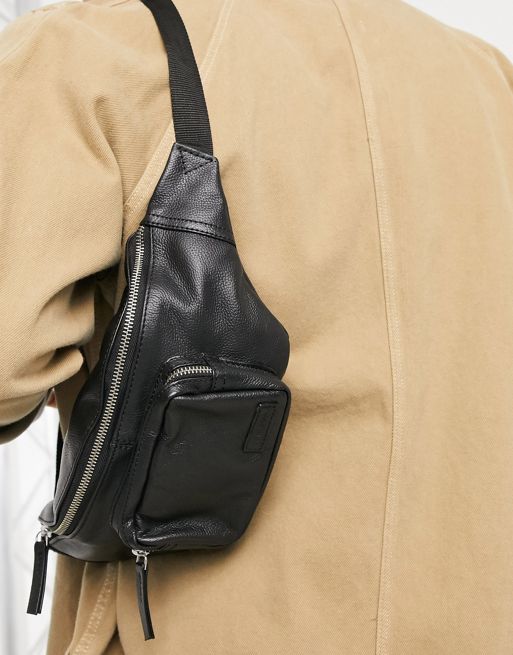 Asos Design Leather Cross Body Bag With Zip Pocket In Black