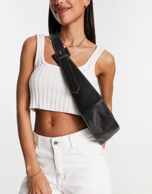 Asos Design Leather Curved Base Crossbody Sling Bag With Contrast Stitch In Black