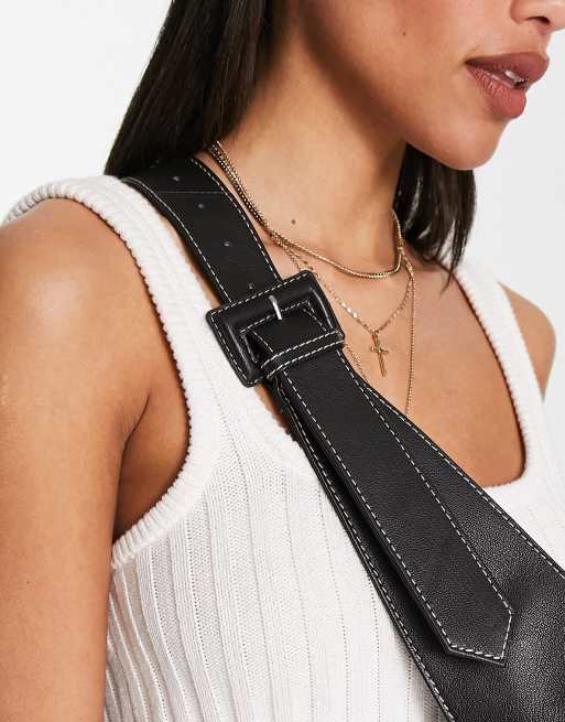 ASOS DESIGN leather curved base crossbody sling bag with contrast stitch in  black