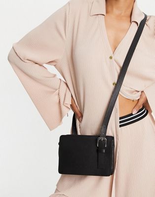 ASOS DESIGN leather double buckle boxy cross body bag in black