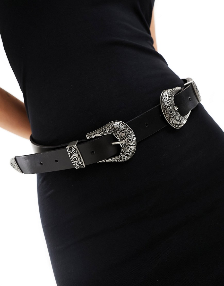 ASOS DESIGN leather double buckle western waist and hip belt in silver