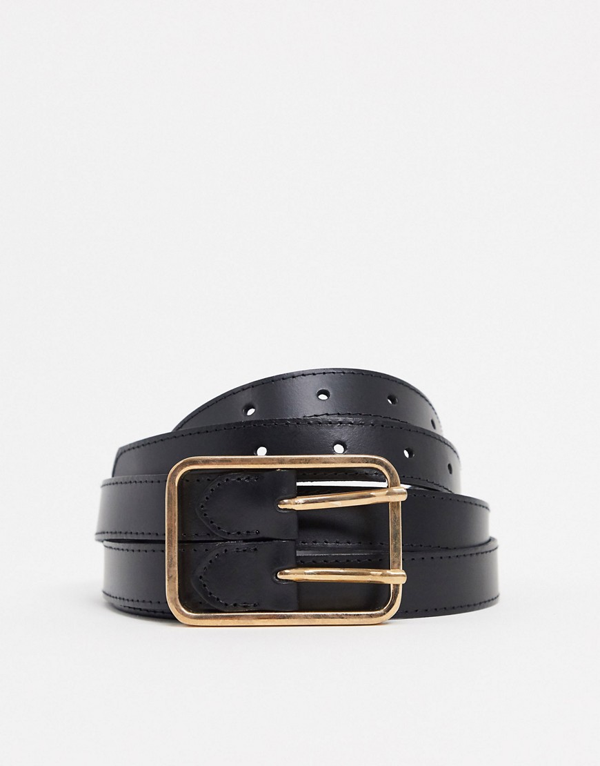 ASOS DESIGN leather double strap waist and hip belt in black