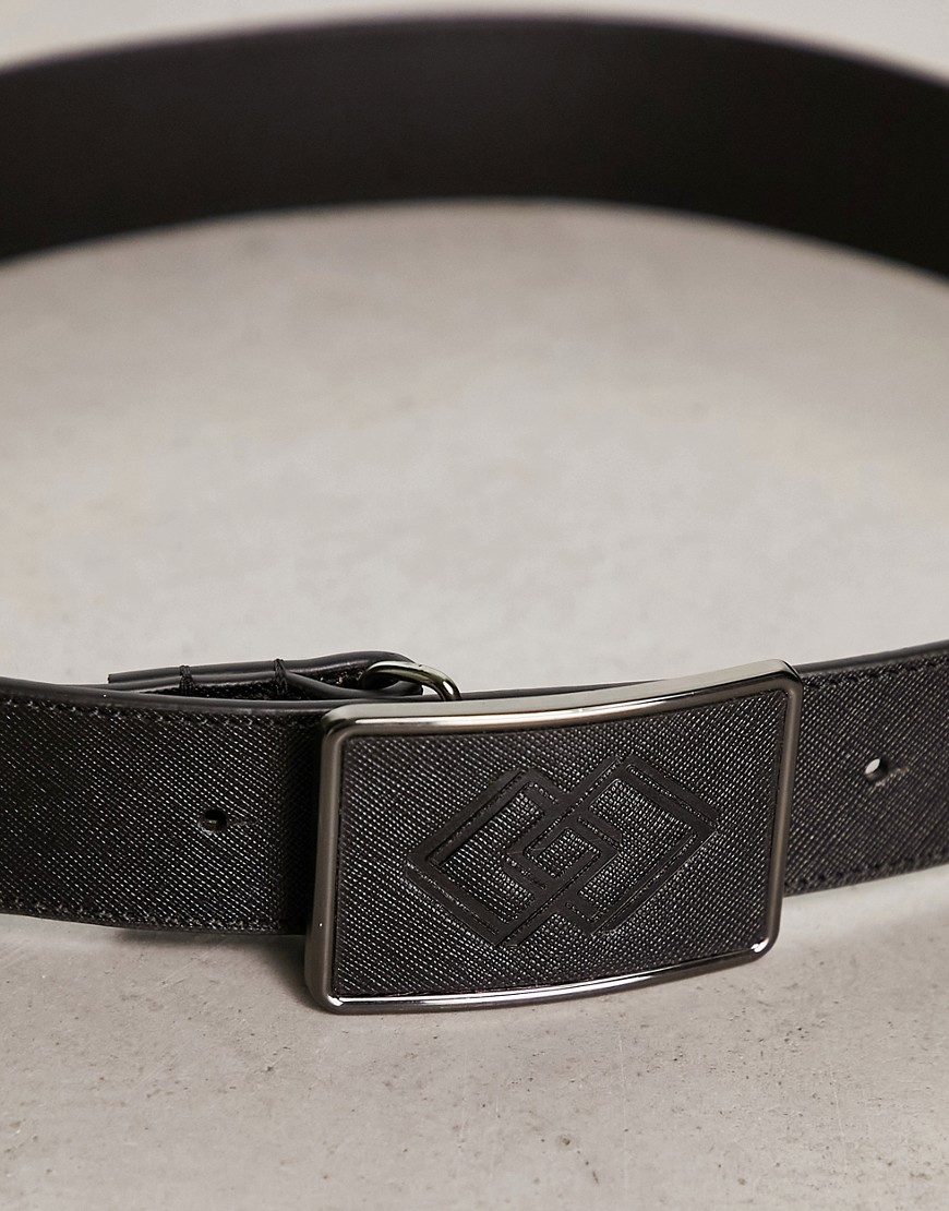 ASOS DESIGN leather embossed buckle belt in black