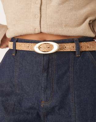 Asos Design Leather Faux Pony Hair Waist And Hip Belt With Oval Buckle In Brown